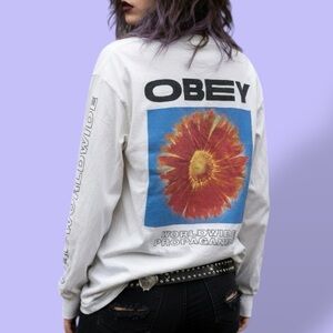 Obey White Long Sleeve Logo Tee with Sleeve Script